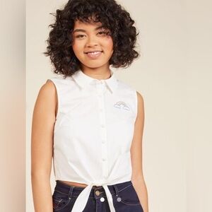 Modcloth Sleeveless Button-Down Tie Top with Embroidered Rainbow